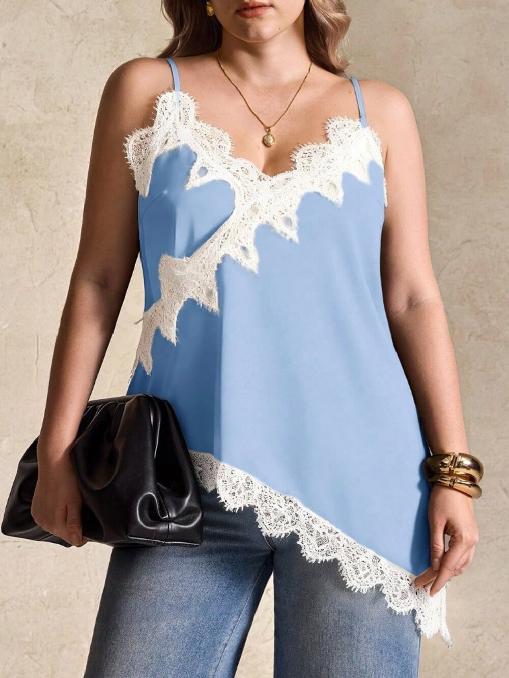 Baby Blue Casual Women's Plus Size Lace Asymmetric Hem V-Neck Camisole